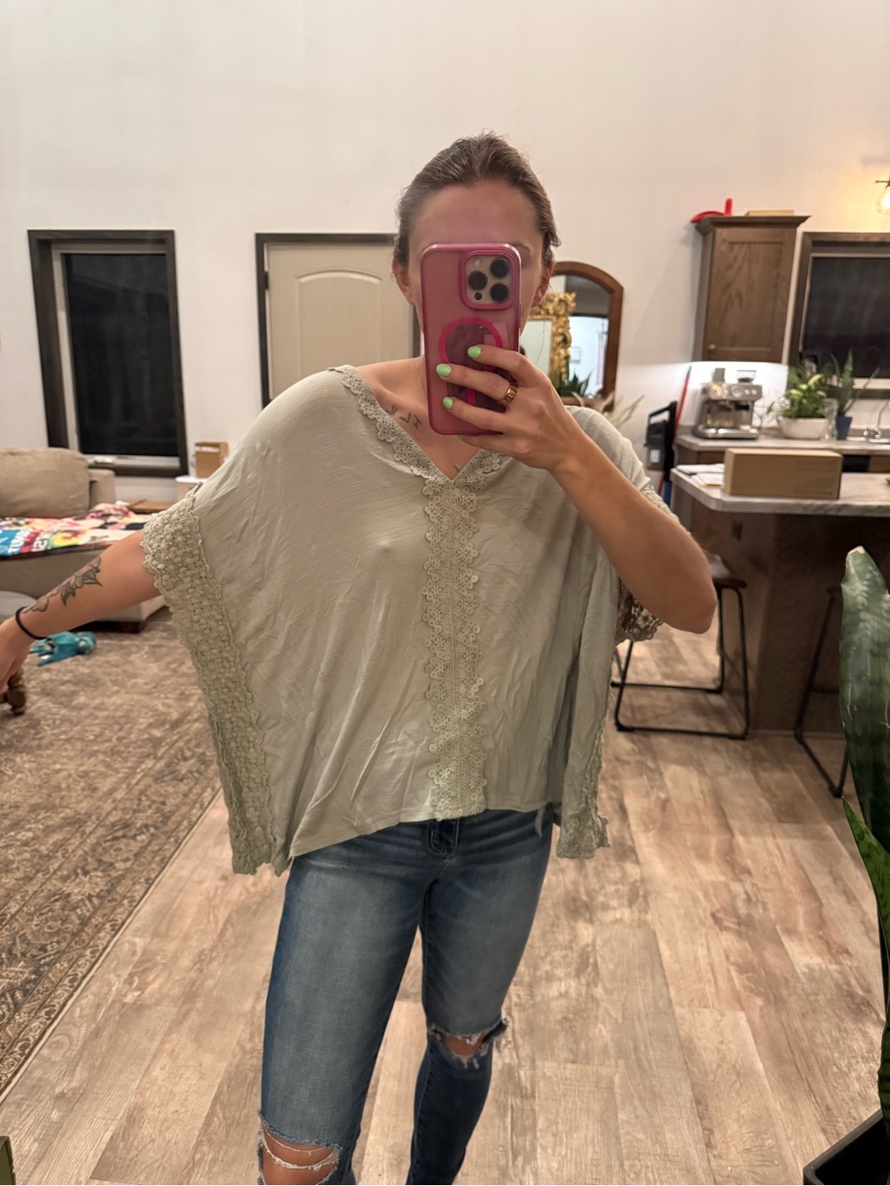 Daytrip Sage Green Lace-Trim Poncho Top